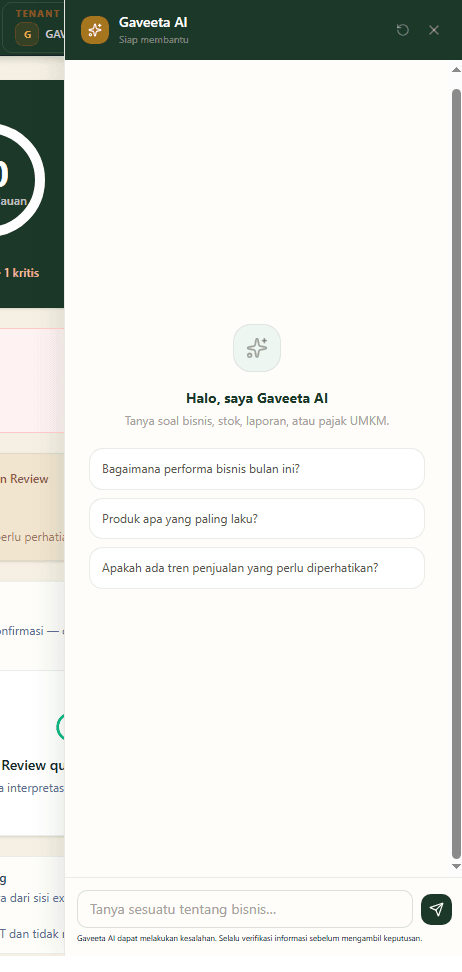 Tampilan chat asisten Gaveeta AI menjawab pertanyaan seputar performa bisnis dan tren penjualan